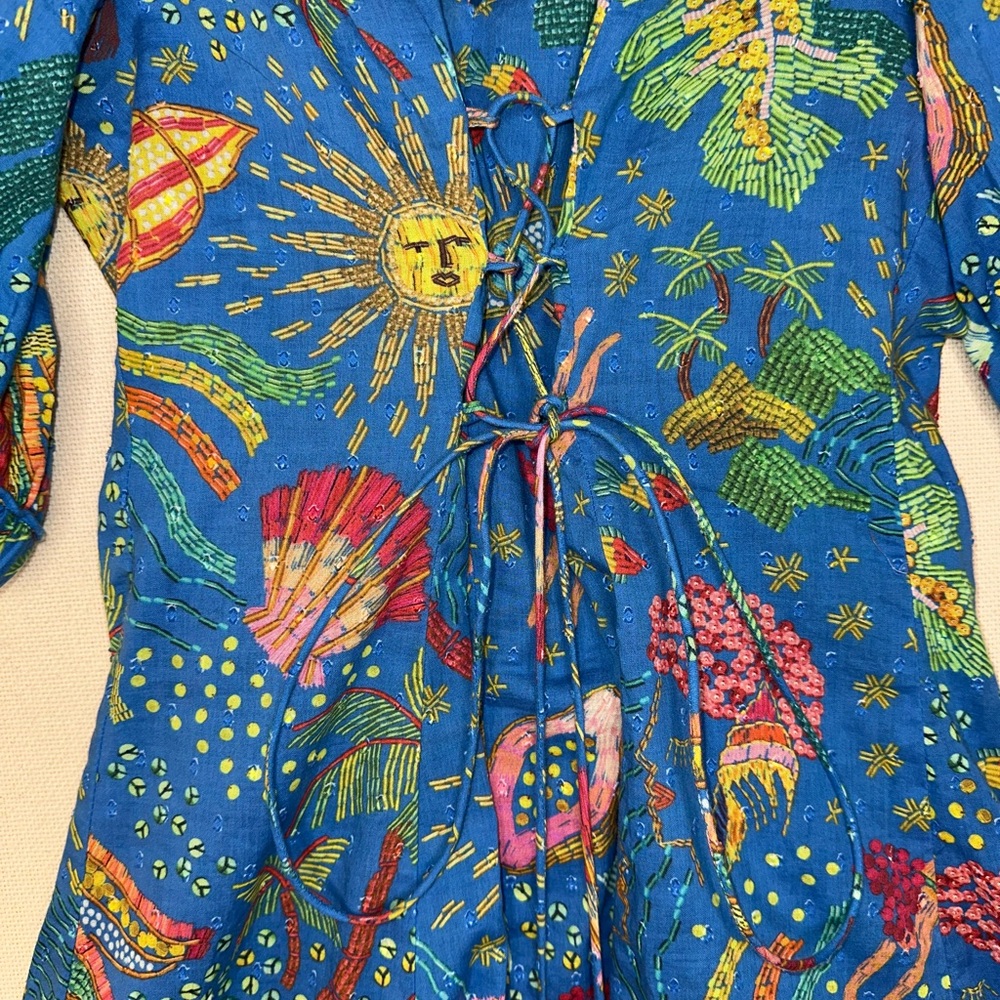 FARM Rio Ocean Stories Teal Blue Puff Sleeve Beaded Tassels Mini Dress XS - Picture 3 of 7